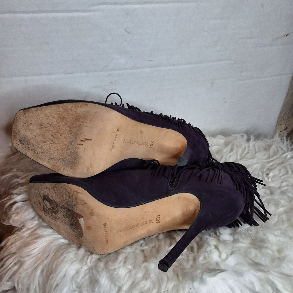 Manolo Blahnik Purple Suede Fringe Peep Toe Booties Tassel Stiletto Heels 40.5 - Picture 8 of 16